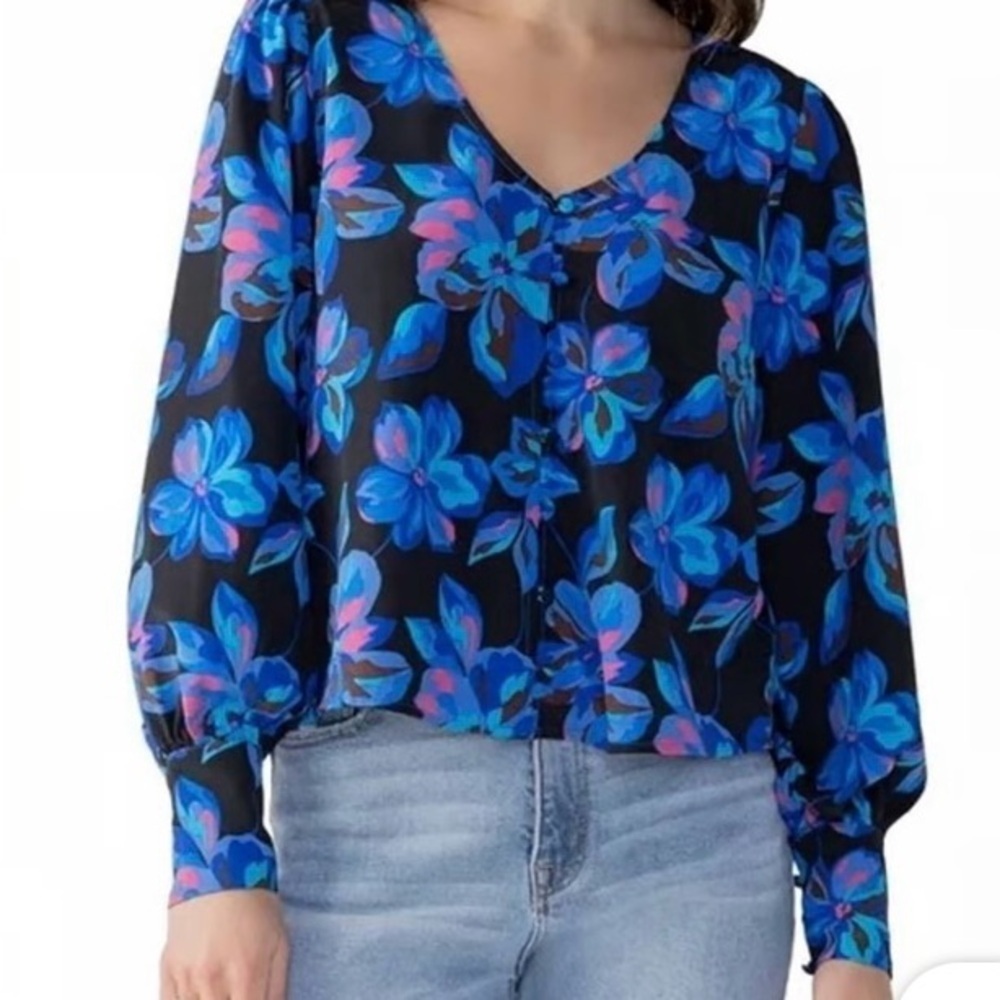 Sanctuary Everyday Floral Printed Button Up Front Blouse Black Blue Pink S
